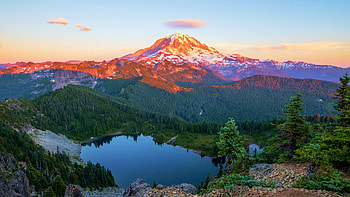 Mt Rainier at Sunset, reflection, washington, trees, sky, usa, mountain, lake HD wallpaper