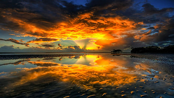 magnificent sunset, clouds, reflection, sunset, beach HD wallpaper