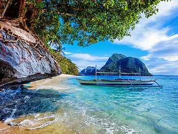 Boat on the Seacoast in the Tropics, Philippines, sea, boat, coast, clouds, trees, nature, mountain HD wallpaper