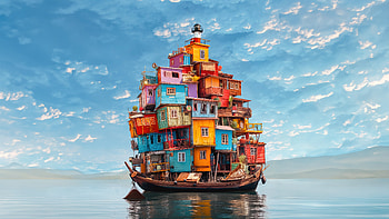 Houses On Ship, boat, ship, house, manipulation, artist, artwork, digital-art HD wallpaper