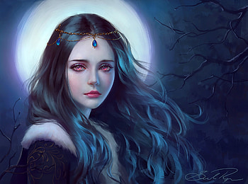 Fantasy princess, brunette, beautiful, woman, lady, darkness, moon, fantasy, magical, enchanted, forest HD wallpaper