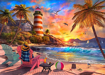 Tropic Sunset Beach, palms, chair, lighthouse, colors, artwork, digital, clouds, sky, sun HD wallpaper