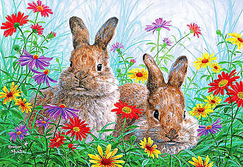 Summer Bunnies, artwork, painting, rabbits, blossoms, flowers HD wallpaper