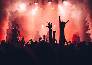 Dynamic scene of a rock band performing live with an enthusiastic audience and vibrant stage lights. HD wallpaper