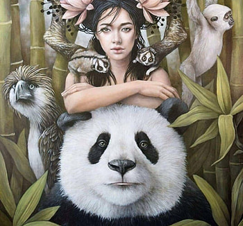 :), animal, painting, art, bear, sophie wilkins, pictura, girl, panda HD wallpaper