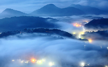 Nature, Mountains, Night, City, Lights, Fog, Relief, From Above, Above HD wallpaper