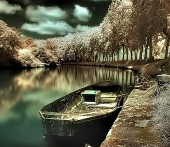 Peaceful Place, boat, reflection, landscape, clouds, trees, nature, lake HD wallpaper