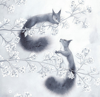 Playful squirrels, black, white, art, fantasy, couple, squirrel, animal, veverita, victorine stolz, draw HD wallpaper