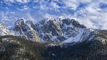Northern Cascades, Washington, peaks, clouds, trees, landscape, sky, usa HD wallpaper