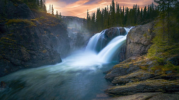 Waterfall at Ringerike, Norway, river, landscape, cascades, trees, rocks, forest, sunset HD wallpaper