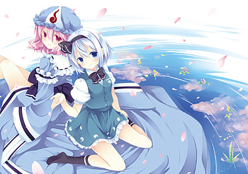 Touhou, petals, short hair, 2girls, saigyouji yuyuko, water, natsume eri, konpaku youmu HD wallpaper