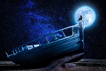 Pebble, Moon, Dark, Starry Sky, Boat, Raven HD wallpaper