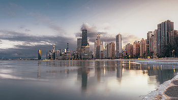 Chicago Buildings Skyscraper Blue Sky Background Reflection On Water Travel HD wallpaper