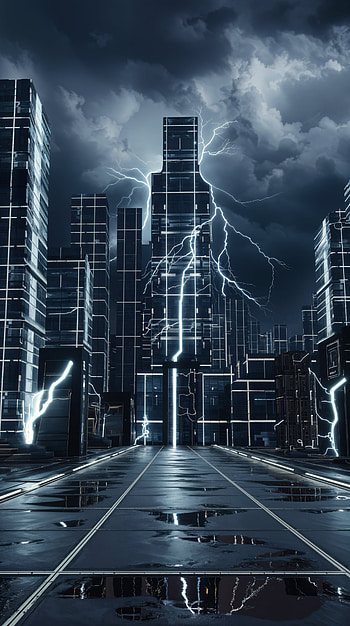 Lightning in the City: A Striking , lightning, futuristic city HD phone wallpaper