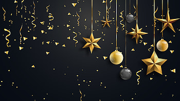 Golden Black Stars Decoration Balls Ribbons Black Background Christmas HD wallpaper