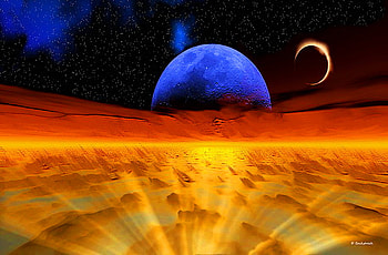 Space dreams, blue planet, black night, moon, light, orange, gold HD wallpaper