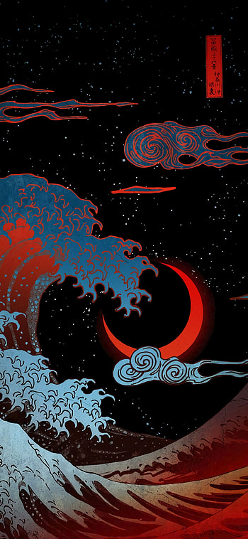 Night In The Ocean, red, waves, amoled, art, moon, dark, Japanese, wave HD phone wallpaper