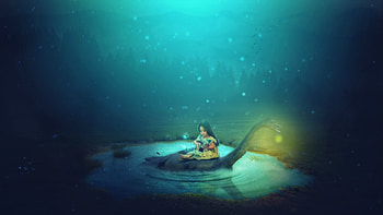 Her little secret, blue, paradiseofcreativity, cute, girl, copil, dino, creative, fantasy, light, yellow, underwater, water, child HD wallpaper