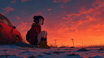 Anime Girl And Abandoned Car, anime-girl, car, sky, sunset, clouds, artist, artwork, art, digital-art, ai, deviantart HD wallpaper