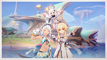 Ultra of Genshin Impact Characters Paimon, Lumine, and Mualani, video game, Genshin Impact, Paimon (Genshin Impact), Lumine (Genshin Impact), Mualani (Genshin Impact) HD wallpaper
