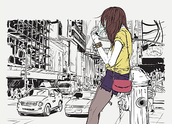 Comics Art, style, car, girl, two colors, fantasy, street, handbag, vector, road, hair HD wallpaper