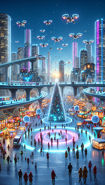 Futuristic Christmas : A Winter Wonderland in the City, futuristic city, christmas tree, neon lights HD phone wallpaper