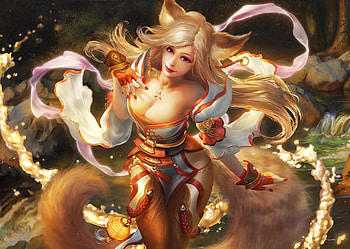 Foxgirl, fantasy, ears, ahri, girl, luminos, fox HD wallpaper