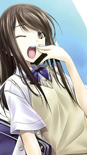 bow (Clothing), brown eyes, long hair, brown hair, Anime, Original HD phone wallpaper