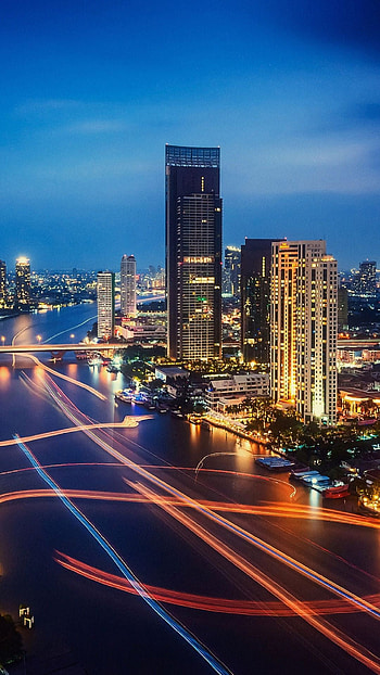 Sky horizon, Urban area, Bangkok landmark, Night city HD phone wallpaper