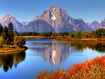 Mirrored lake, blue, island, snowy, mountain, lake, summer, reflection, mirrored, autumn, nature, sky HD wallpaper