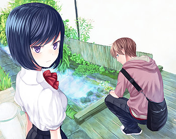 original, yard, uniform, short hair, aqua, purple eyes HD wallpaper