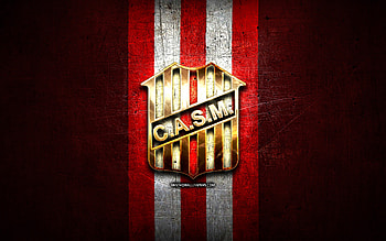 San Martin Tucuman FC, golden logo, Primera Nacional, red metal background, football, argentinian football club, San Martin Tucuman logo, soccer, San Martin de Tucuman, CA San Martin, Argentina, Club Atletico San Martin HD wallpaper