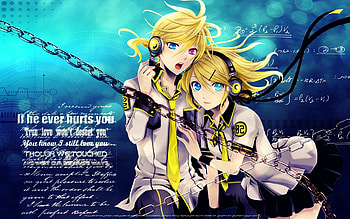 Len & Rin Kagamine, bicolored eyes, blonde, anime, len and rin kagamine, twins, vocaloid, chains HD wallpaper