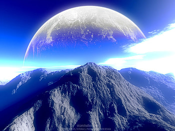 planet_hollywood_terragen, blue, clouds, moon, mountain HD wallpaper