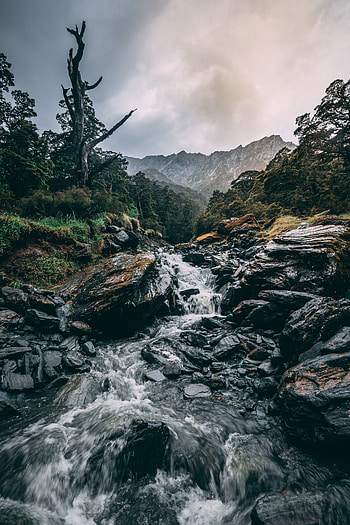 Nature, Grass, Stones, Mountains, Waterfall, Flow HD phone wallpaper