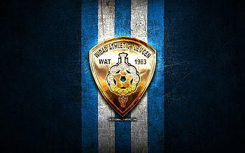WA Tlemcen, golden logo, Algerian Ligue Professionnelle 1, blue metal background, football, Algerian football club, WA Tlemcen logo, soccer, WAT, Widad Athletic HD wallpaper
