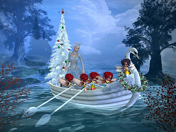 Christmas Fairies, boat, dust, digital, art, swan, tree HD wallpaper