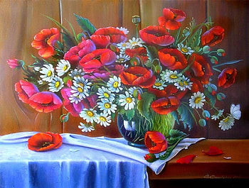 'Daisies and Poppies', colorful, tables, colors, daisies, butterflies, poppies, vases, petals, butterfly designs, lovely still life, paintings, beautiful, creative pre-made, love four seasons, pretty, red, draw and paint, nature, flowers, lovely, tablecloths HD wallpaper