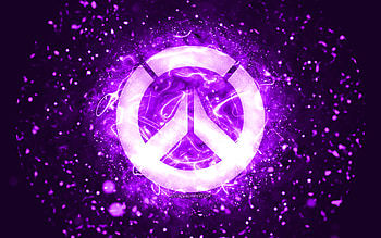 Overwatch violet logo, , violet neon lights, creative, violet abstract background, Overwatch logo, online games, Overwatch HD wallpaper