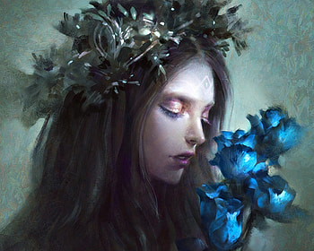 Perfume, blue, vapor, art, dopaprime, girl, woman, rose, fantasy, flower, luminos HD wallpaper