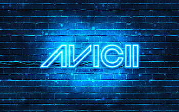 Avicii blue logo, , superstars, swedish DJs, blue brickwall, Avicii logo, Tim Bergling, Avicii, music stars, Avicii neon logo HD wallpaper