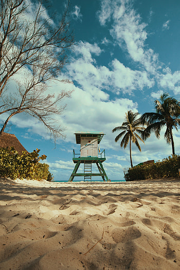 Beach, Sand, Palms, Building, Miscellanea, Miscellaneous, Tower HD phone wallpaper