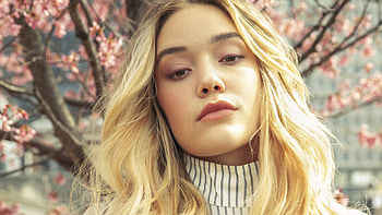Closeup View Of Blonde Olivia Ponton Girl Model In Blur Sakura Flowers Tree Branches Background Girls HD wallpaper