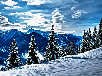 Winter mountain, winter, slope, snow, clouds, trees, sky, nature, mountain HD wallpaper
