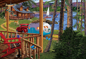 Returning Home, caravan, painting, car, trees, cabin, lake HD wallpaper