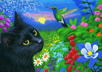 Black Kitty, artwork, painting, landscape, garden, cat, flowers, sunset HD wallpaper