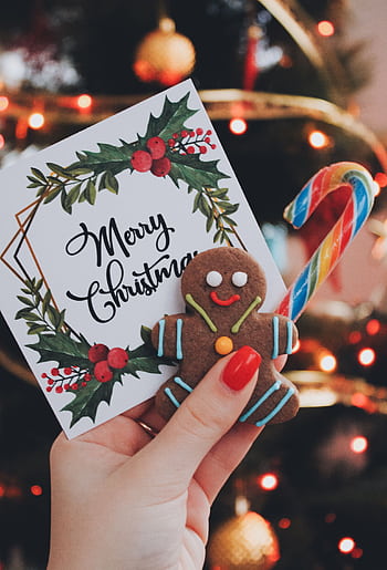 Close-up of a hand holding a gingerbread man, candy cane, and Merry Christmas card in front of a decorated tree. HD phone wallpaper