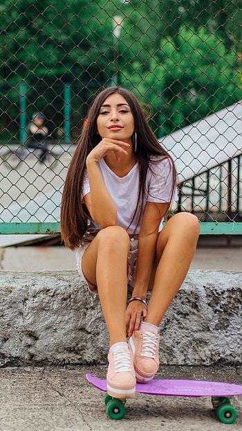 Smiling skateboard girl, Portrait with skateboard, Sony Xperia , Vibing with skateboarding HD phone wallpaper