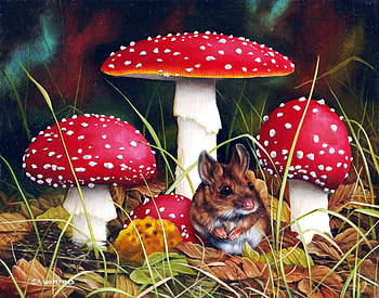 Mousetime, artwork, fly mushrooms, mouse, funny, mushrooms, cheese, forest HD wallpaper