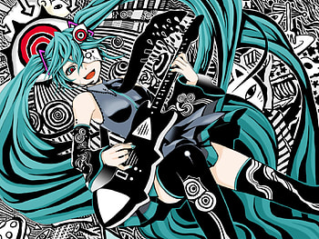 Hatsune Miku, blue, black, awesome, heads, guitar, cute, matroyshka, vocaloid, beauty, nice, miku, vocaloids, hatsune, eye patch, thighhighs, skirt, white, twintail, eyes, blue hair, headset, beautiful, anime, pretty, cool HD wallpaper